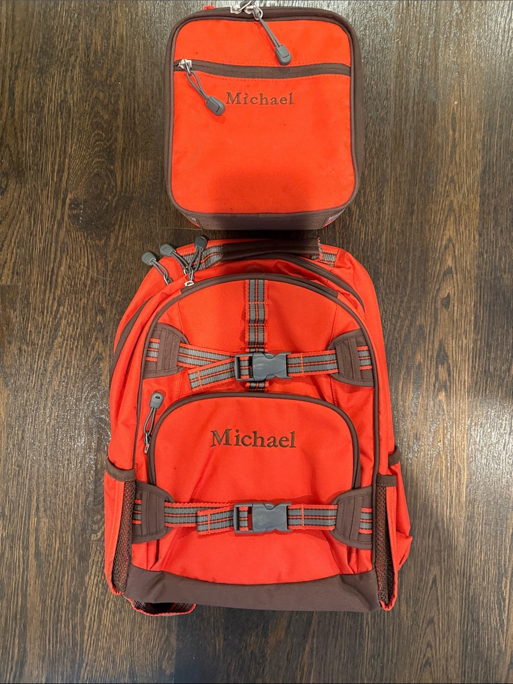 Pottery Barn Kids Red and Brown Personalized Backpack & Lunch Case